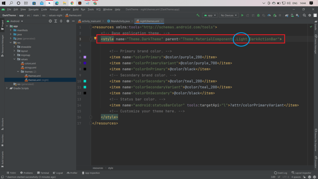 Disable Dark Mode in Android Studio App